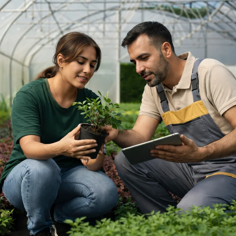 Agriculture team reviewing a plant and data